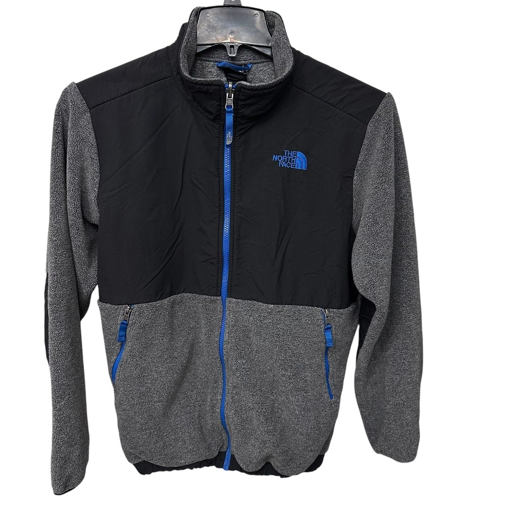 The North Face TNF Denali Fleece Logo Black Gray Boys Full Zip Coat Jacket XL